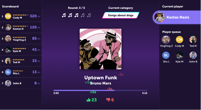 DJ Game app preview showing gameplay with song voting